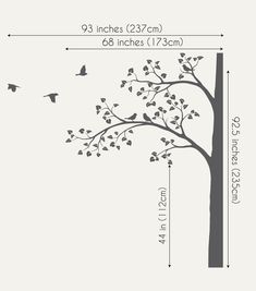 a tree with birds flying around it and measurements for the height of the tree,