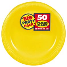 a yellow plastic plate with the words big party pack on it's front and back