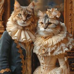 two cats dressed up in fancy clothing and one is wearing a cat's head