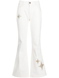 chalk white/gold-tone stretch-cotton star print glitter detailing high waist flared concealed fly and button fastening classic five pockets straight hem Flare Jeans Outfit, Chalk White, Jeans White, Denim Flares, Flared Jeans, Star Print, Jean Outfits, Stretch Cotton, Bell Bottom Jeans