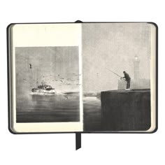 an open book with black and white photos of people fishing on the water, while birds fly overhead