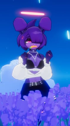 an animated character standing in front of purple flowers