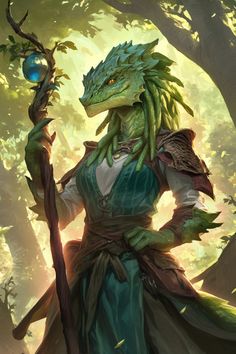 a woman dressed as a dragon holding a staff in her hand and wearing a green dress