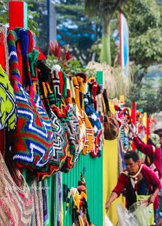 many colorful bags are hanging on the wall