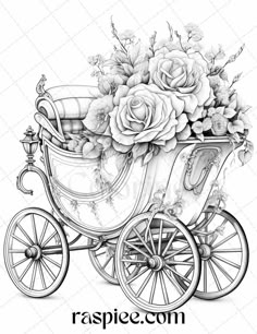 a drawing of a horse drawn carriage with roses