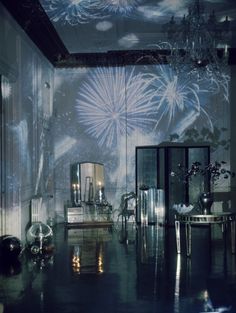 an advertisement for the interior enlightenment shows fireworks and chandeliers on display