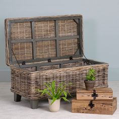 a wicker trunk sitting on top of a table next to two potted plants