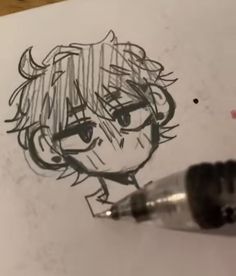 a drawing of a boy with long hair holding a pen