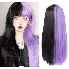 130-150% Density You Can Cut , Curl , Iron And Style This Wig 22.5 In Circumference None Lace Can Be Washed Adjustable Straps And 2 Combs Clawdeen Wolf Wig, Pastel Goth Wigs, Drag Drawing, Long Straight With Bangs, Curl Iron, Straight With Bangs, Drag Queen Costumes, Purple Wig, Black Wig