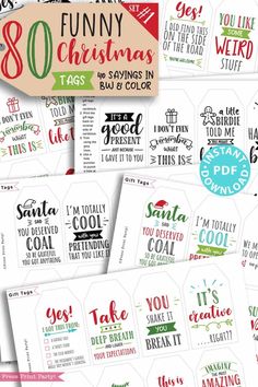 christmas tags and stickers with the words, funny sayings in different font styles