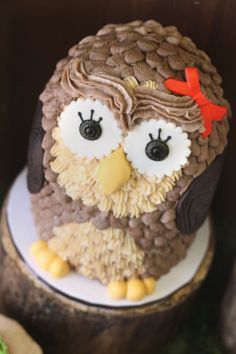 an owl cake sitting on top of a white plate