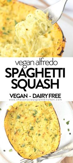 an egg dish in a white bowl with a spoon on it and the title vegan alfredo spaghetti squash