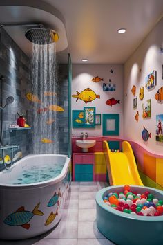 a child's playroom with toys and water features in the bathtub area