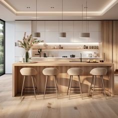 a kitchen with wooden floors and counter tops next to an open door leading to the outside