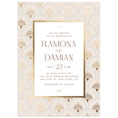 an art deco wedding card with gold foil on the front and back, featuring fan - shaped