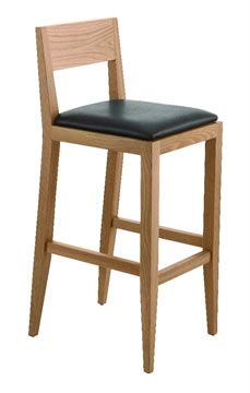 a wooden bar stool with a black leather seat and backrest on an isolated white background