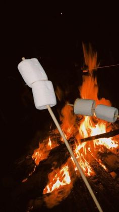 two marshmallows sitting on sticks over a fire