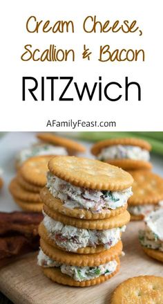 an image of cream cheese bacon ritzwich crackers on a wooden cutting board