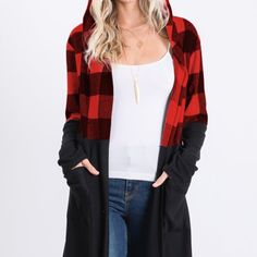 This Cardigan Is The Traditional Red Colored Buffalo Plaid And Super Cute! Hooded With Front Pockets, This Cardigan Fits True To Size. Red Hooded Fall Cardigan, Cardigan Fits, Blue Cashmere Sweater, Teal Cardigan, Cocoon Cardigan, Drape Cardigan, Cardigan Sweater Jacket, Beige Cardigan, Comfy Sweaters