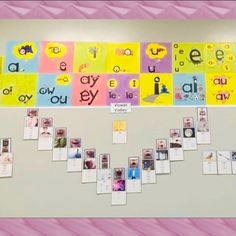 a bulletin board with many different types of letters on it and pictures hanging from the wall