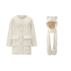 Experience comfort like never before with this classic pajama set. It features a straight-cut home suit and a plush jacket for extra warmth. The set is completed with a cute teddy bear ear hat, which adds a playful touch to your loungewear collection.  Size(cm): length 81, chest 125, sleeves 54 Bear Ear Hat, Plush Jacket, Ear Hat, Plush Coat, Classic Pajamas, Cute Teddy Bear, Outer Jacket, Angel Dress, Cute Teddy