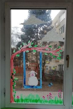 the window is decorated with an image of a pig