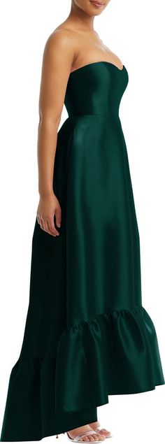 Alfred Sung Strapless Ruffle High-Low Satin Gown | Nordstrom Evening Dress Collection, Alfred Sung, Satin Evening Dresses, Ball Gown Skirt, Infinity Dress, High Low Skirt, Dress Order, Satin Gown, Glam Dresses