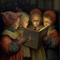 three children are reading a book with a lit candle in their hands and wearing red hats