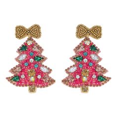 Jeweled Christmas Tree Beaded Embroidery Earrings: Pink - Bexa Boutique Gold Beaded Earrings For Christmas Party, Handmade Beaded Earrings For Christmas Party, Handmade Beaded Earrings For Holiday Party, Holiday Party Handmade Beaded Earrings, Christmas Party Beaded Earrings, Beaded Earrings For Christmas Party, Holiday Party Beaded Earrings, Festive Beaded Earrings For Gift, Festive Pink Embroidered Jewelry