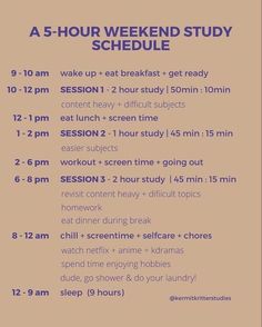 a flyer for a 5 - hour weekend study schedule