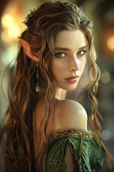 a woman with long hair and green eyes is dressed in an elf - like outfit