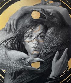 a woman holding two crows in front of her face, with the moon behind her