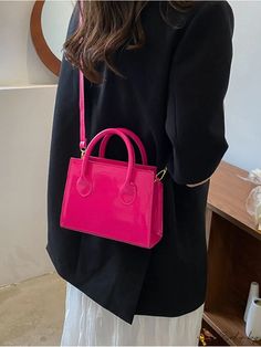 BirdinBag - Square Bag with Neon Pink Double Handles Casual Satchel Party Bag, Trendy Satchel With Adjustable Handle For Shopping, Casual Party Satchel Bag, Casual Square Party Bag, Casual Square Party Bags, Casual Party Bag With Detachable Strap, Bag Bag, Square Bag, Neon Pink