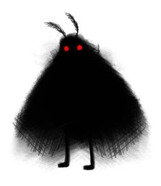 a black and white drawing of a monster with red eyes