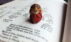 a close up of a book with a small figurine on it