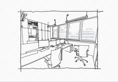 a drawing of an office with desks and chairs