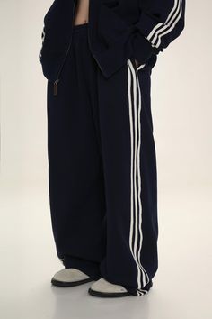 MASONPRINCE French terry cotton track pants, stretchy, heavy, wide-leg, jacquard stripes on sides, concealed drawstring at elasticized waistband, two-pocket styling. Wide-Leg Fit. Composition - French Terry Cotton Sizing: US/EU Oversized Fit Adidas Wide Leg Pants, Wide Leg Track Pants, Fit Female, Korean Fits, Art Outfit, Oversized Pants, Human Touch, Retro Streetwear, Sports Trousers