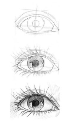 three different types of eyes, one is drawn in pencil