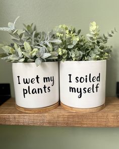 two planters with plants in them that say i wet my plants, i soiled my self