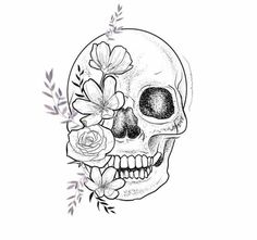 a black and white drawing of a skull with flowers