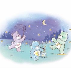 three teddy bears playing in the grass at night with a moon and stars behind them