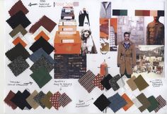 a collage of men's clothing and accessories in different shades of brown, green, blue, red