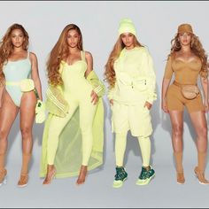 four models in yellow and green outfits posing for the camera, all wearing matching bathing suits