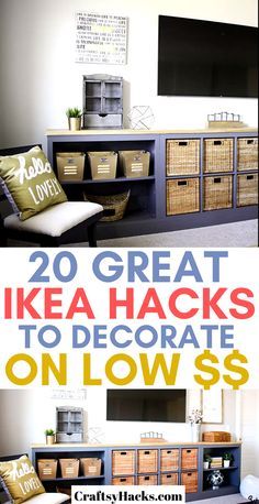 the words 20 great ikea hacks to decorate on low $ $