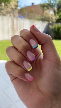 Bright Coloured Tips Nails, French Nails Bright Colors, Neon Tip Nails Short, Multi Tip Nails, Holiday Nails Summer 2023 Pastel, French Tip Nails Fluro, Bright French Manicure, Coloured Nail Tips French, Bright Colored Tips Nails