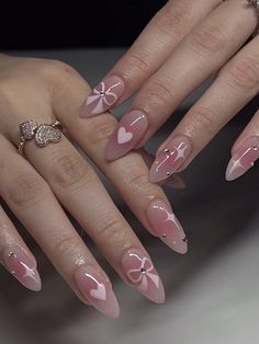 Free Returns ✓ Free Shipping✓. 24pcs Pink & White Gradient Water Drop Almond Shape False Nails For Daily Party With Glossy Silver Edge & Jelly Gel Included Press On Nails Nail Supplies- Press On False Nails at SHEIN. Aestethic Nails, Nails Rosa, Bow Nail Designs, Uñas Aesthetic, Bow Nail Art, Graduation Nails, Easy Nails, Smink Inspiration