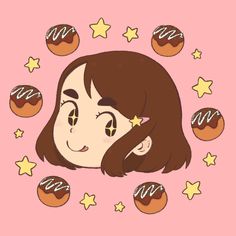 a girl with brown hair and stars around her is surrounded by donuts on pink background