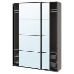 a black and white closet with mirrored doors on the front, and two drawers on the back