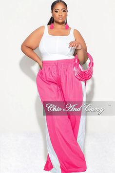 Final Sale Plus Size Oversized Varsity Striped Wide Leg Pants in Pink – Chic And Curvy Sleeveless Ribbed Top, Business Casual Winter, Casual Couture, Chic And Curvy, Striped Wide Leg Pants, Spring Looks, Summer Looks, Pink And White, Short Sets