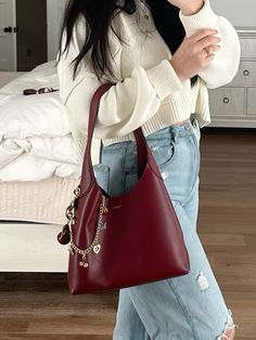 Coach Brooklyn Bag 28 in shade dark ruby with cherry charm & swagger chain from Coach Outlet Shoulder Purse Outfit, Fall Purse Trends, Coach Bag Outfit, Coach Outfits, Cherry Charm, Purse Outfit, Purse Trends, Burgundy Bag, Purse Essentials